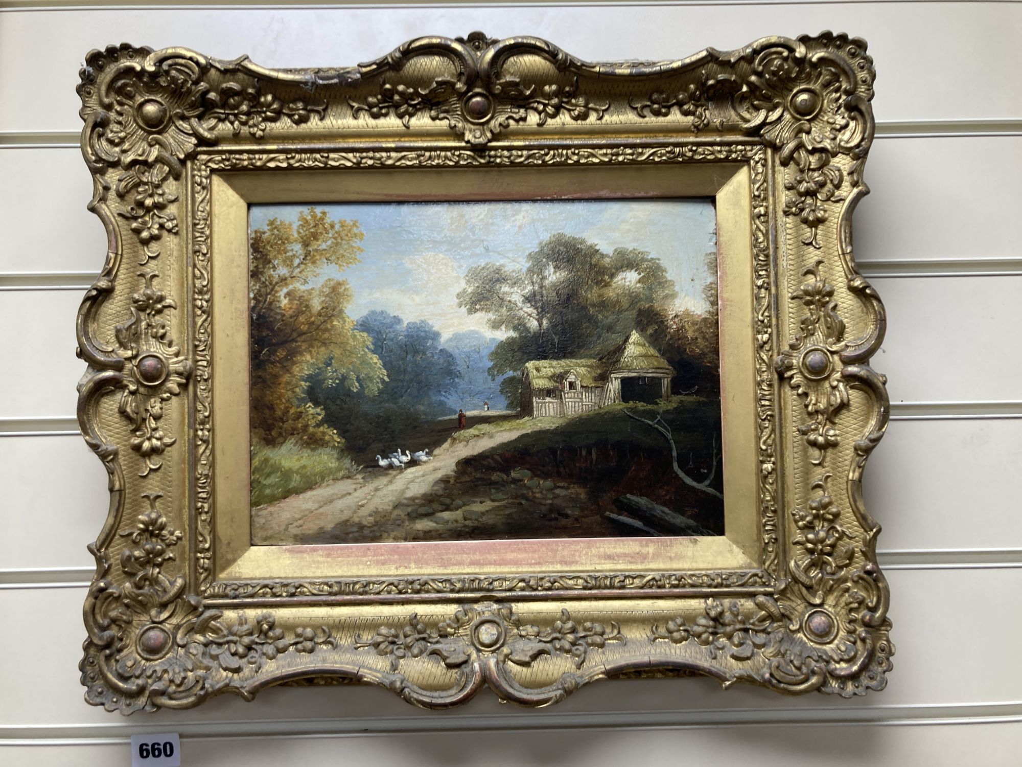 19th century English School, oil on mill board, Ducks on a lane with a thatched barn beyond, 22 x 30cm